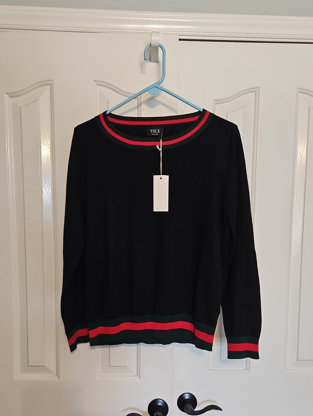 NWT VICI Black Sweater with Red and Green Stripe Trim